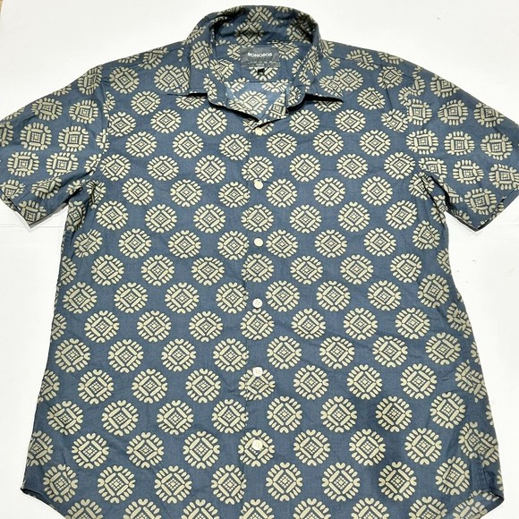Bonobos Shirt Mens Medium Blue Tan Aztec‎ Short Sleeve Slim Fit Pima Cotton - Picture 1 of 5